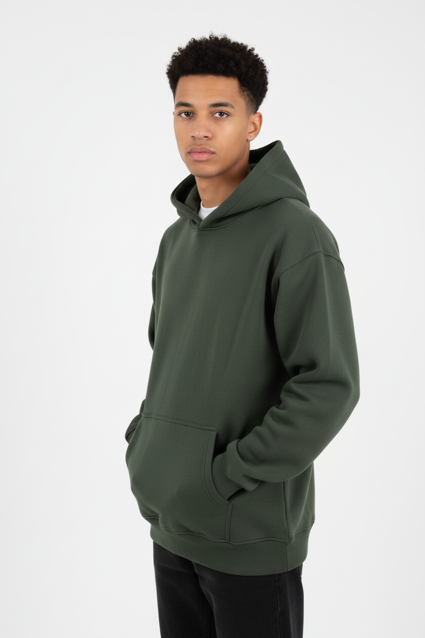 Overtees 450 GSM Hoodie | Premium Heavyweight Solid Cotton Hoodie | Olive Green